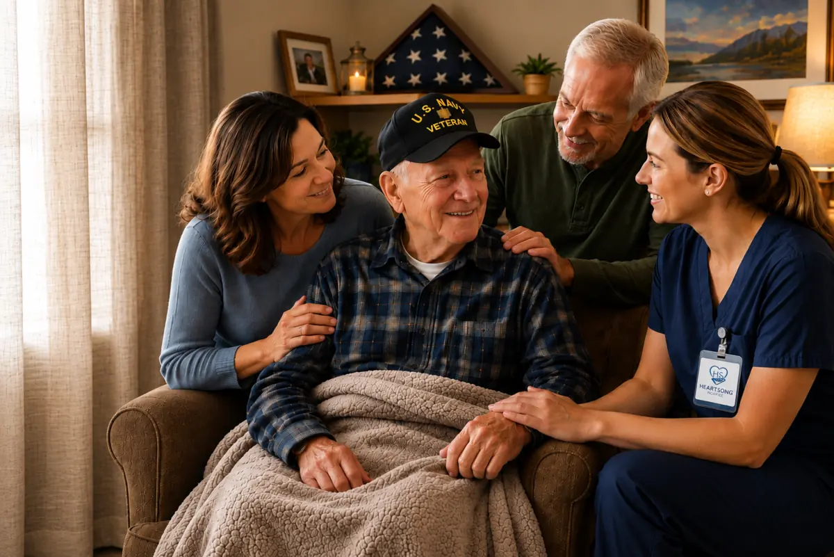 Navy Veteran receiving compassionate hospice care at home with family and a Heartsong Hospice nurse